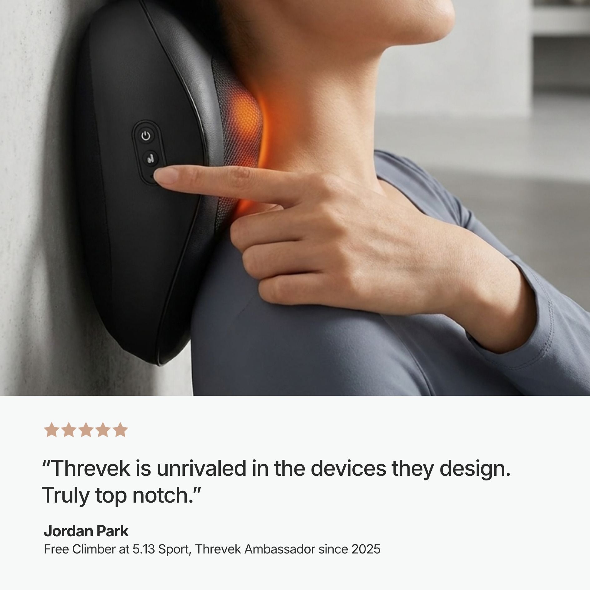 A five star review and testimonial for the Threvek Knot over a shot of a woman using it on her neck.