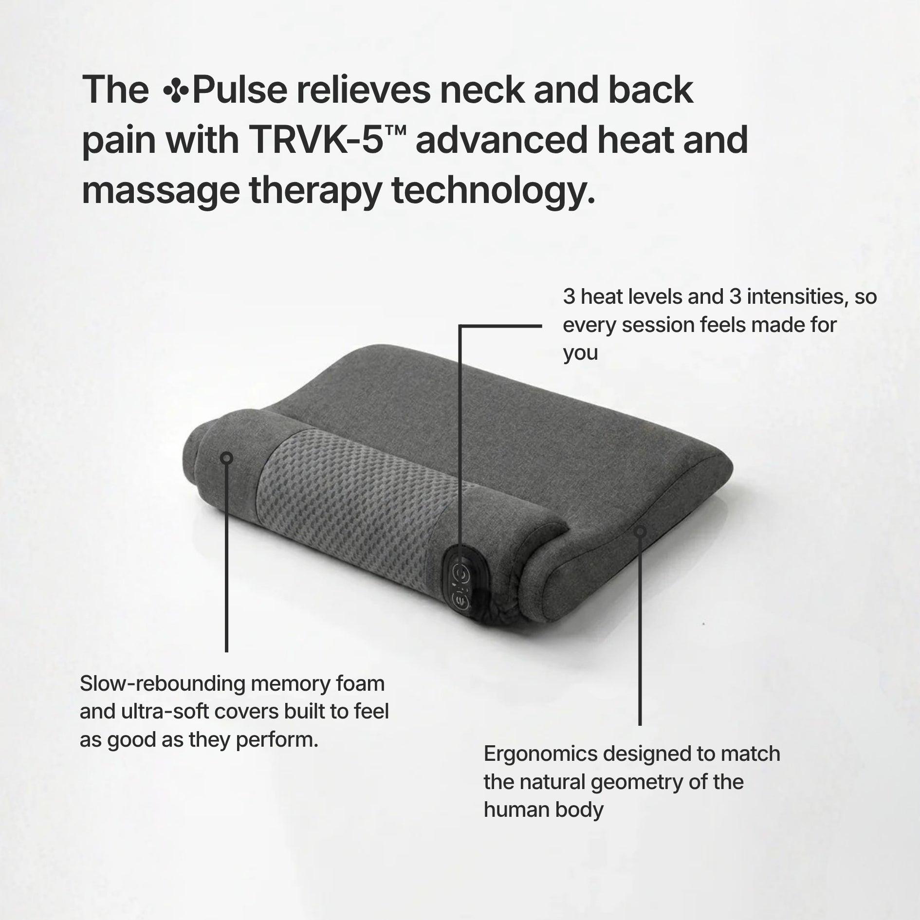 Gray neck and Threvek Pulse with text highlighting features on a white background