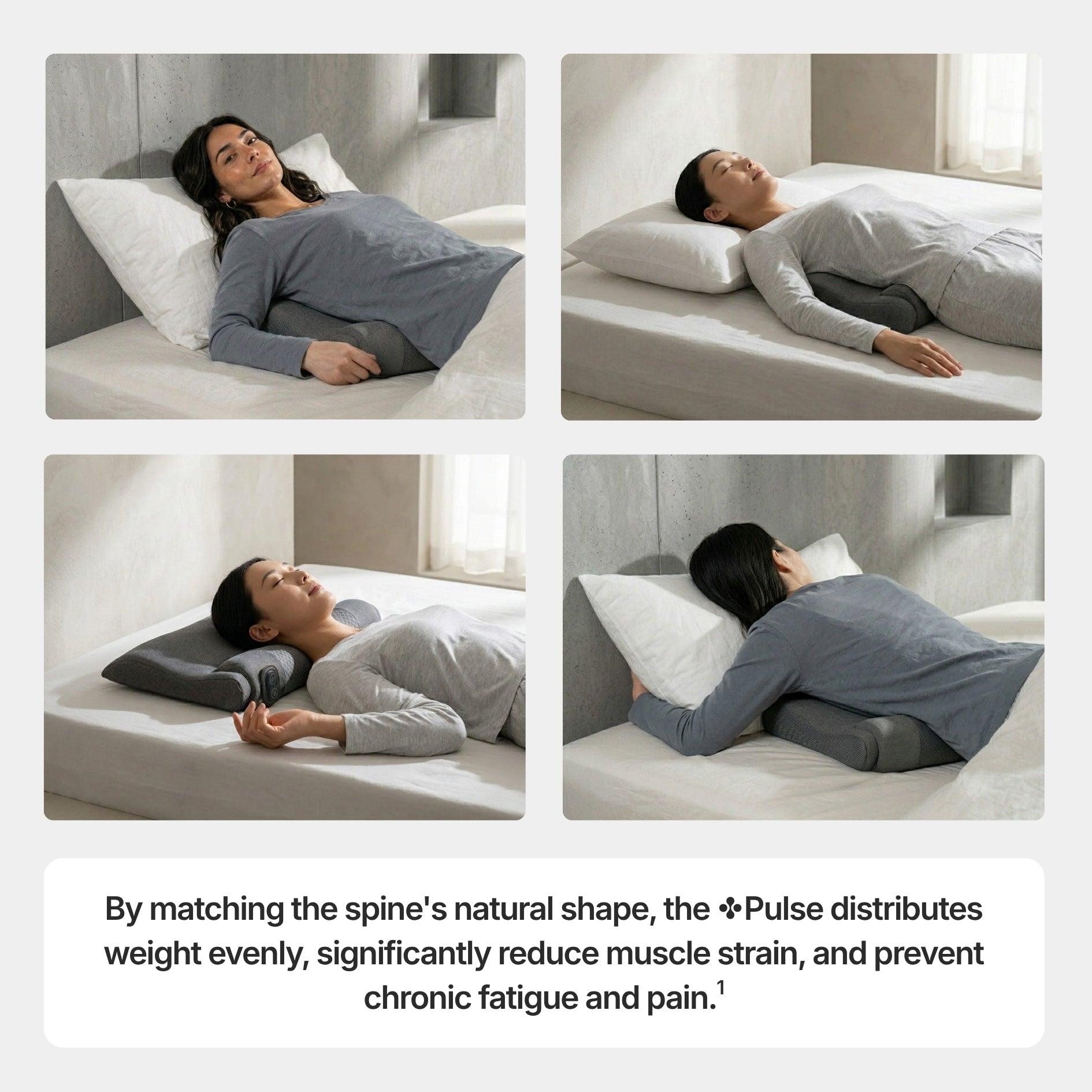 Female models using the Threvek Pulse in various positions on a bed with text about its benefits.