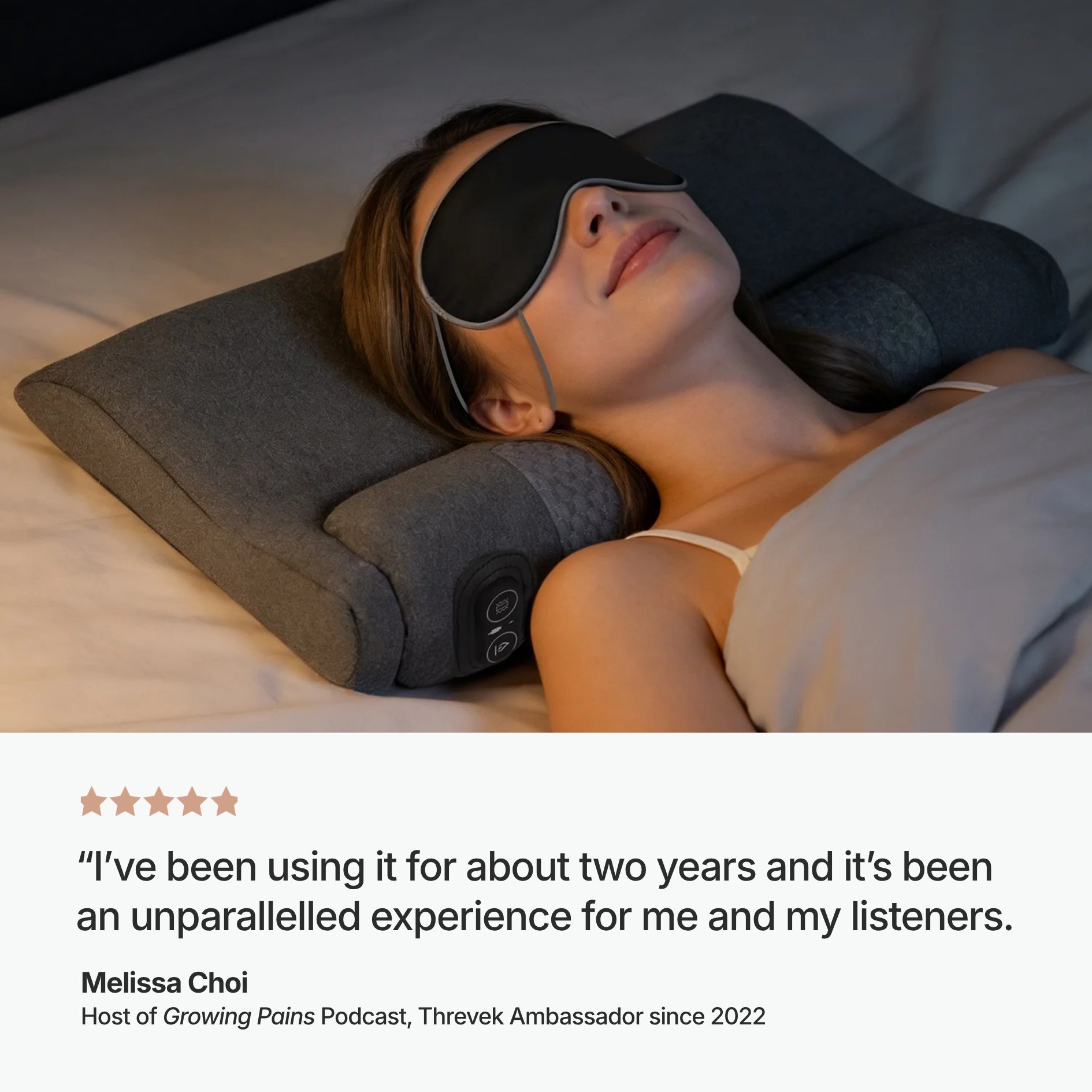 Woman using a sleep mask and pillow with a Five-Star rating and testimonial from Melissa Choi.