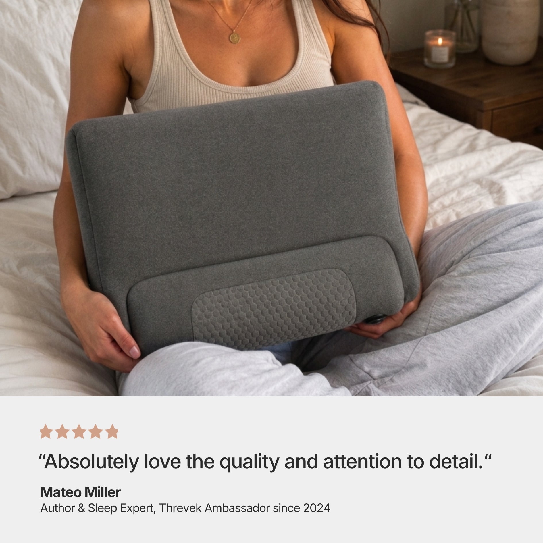 Woman holding the Threvek Pulse in bed with a five-star rating and testimonial from Mateo Miller. 