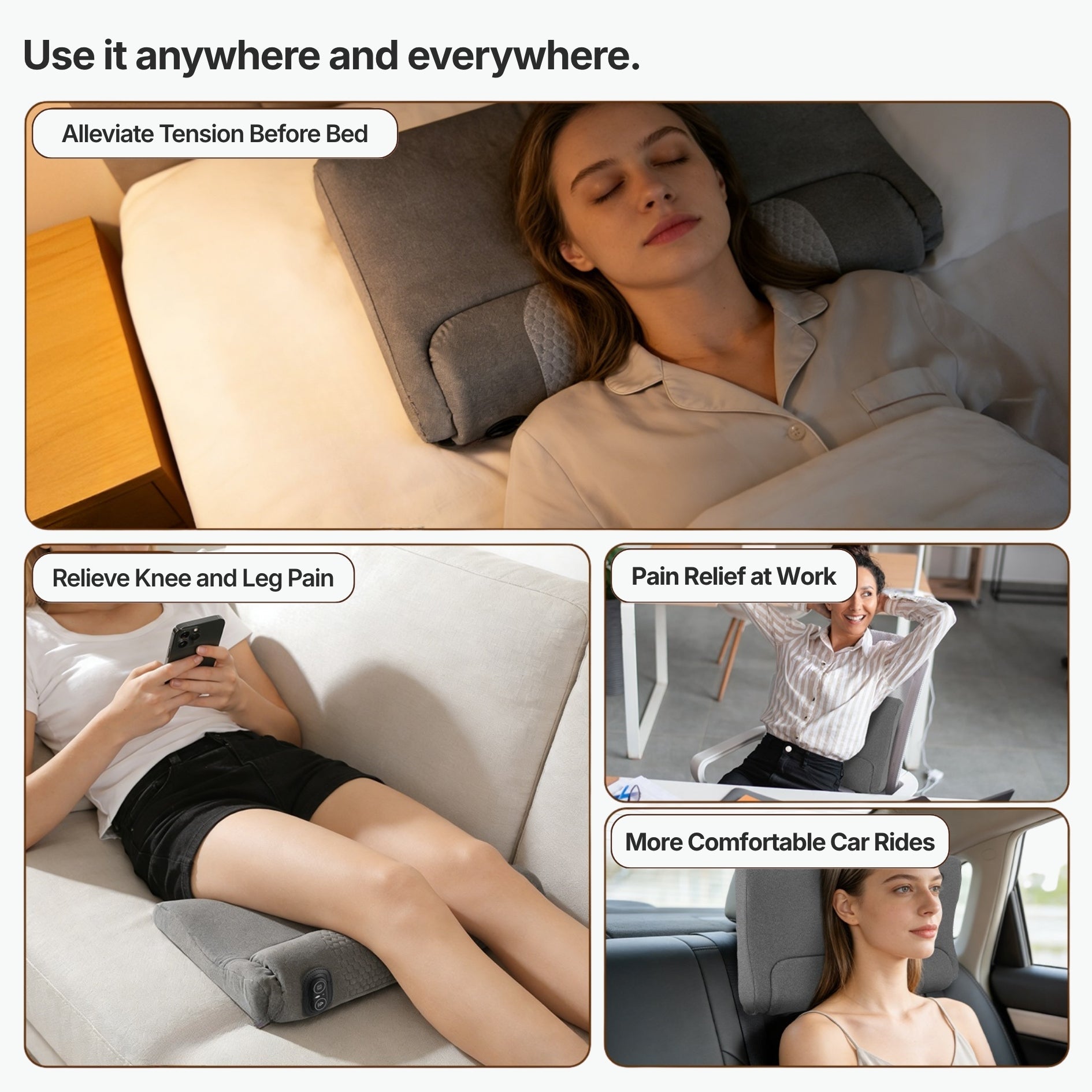Woman using the Threvek Pulse in various settings to alleviate tension, relieve knee and leg pain, and provide comfort during car rides.
