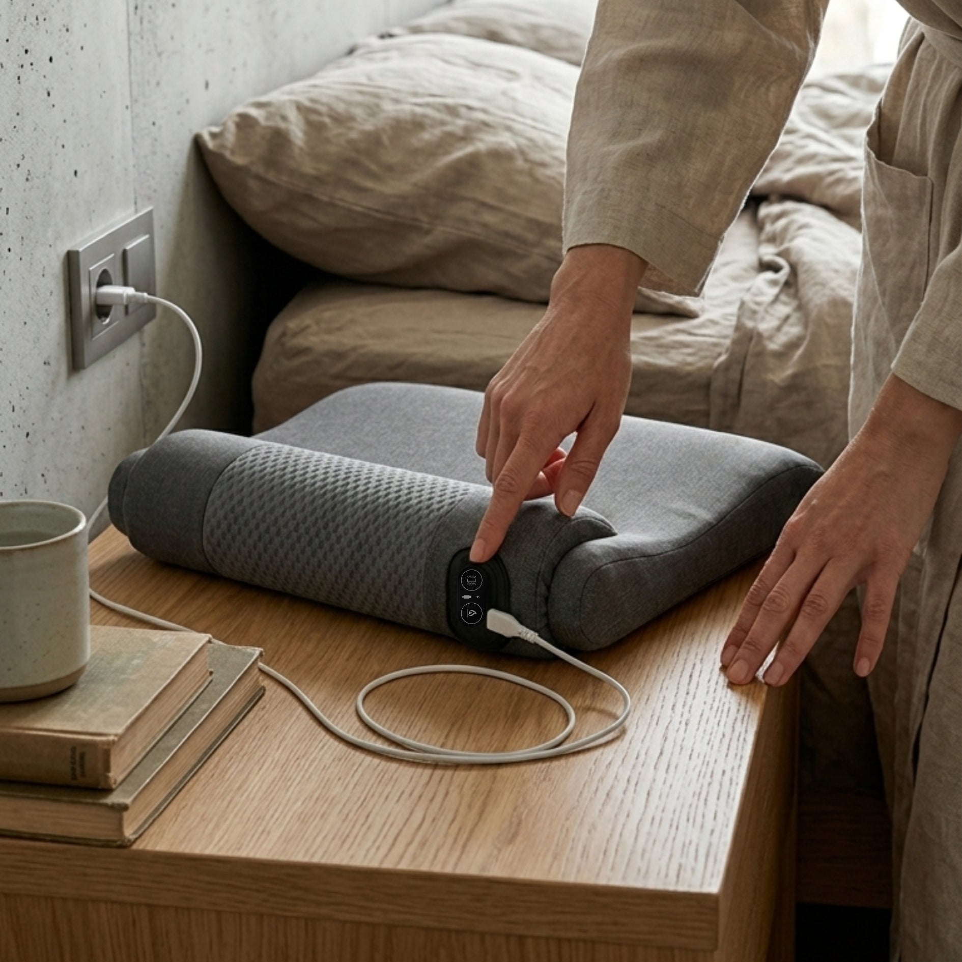 Person charging the Threvek Pulse on a wooden table with a bed in the background.